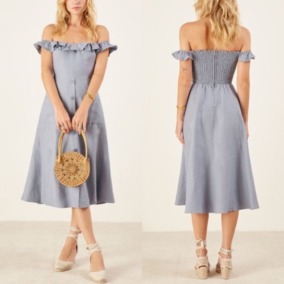 reformation hattie off the shoulder linen dress